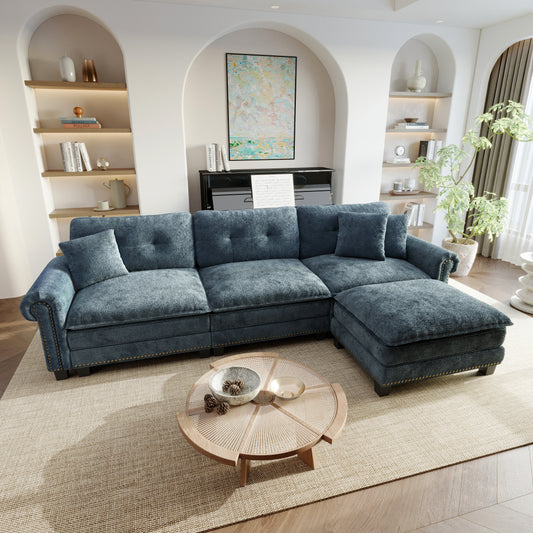 Sophia&William Sectional Sofa Set, Modern Chenille Cloud Couch 4-Seat Retro Nailhead Trim Modular Sofa with 3 Pillows for Living Room, Blue