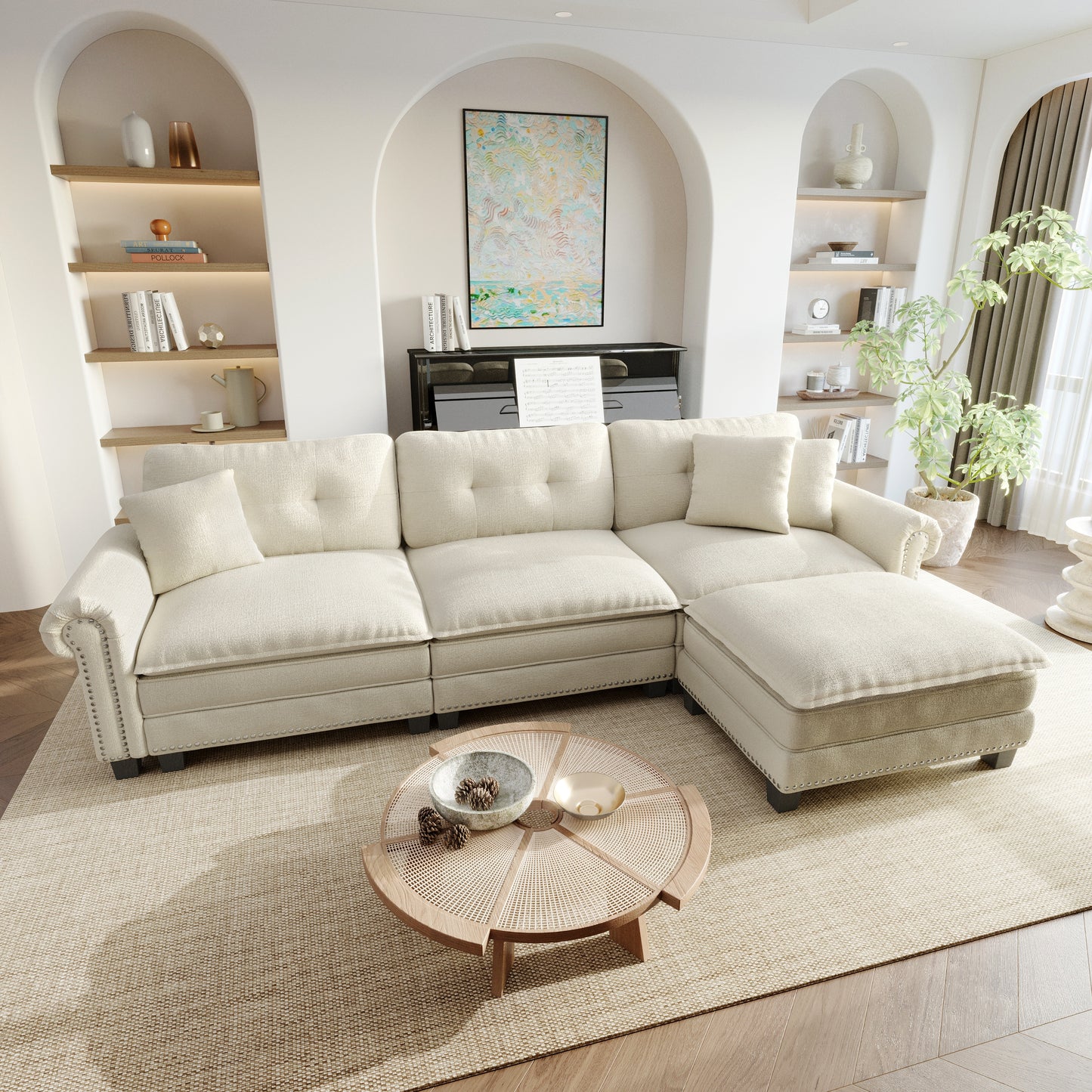 Sophia&William Sectional Sofa Set, L-shaped Chenille Cloud Couch 4-Seat Retro Nailhead Trim Modular Sofa with 3 Pillows for Living Room, White