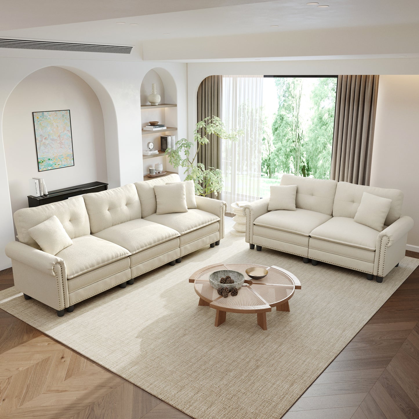 Sophia&William Sectional Sofa Set, Mid-Century Chenille Cloud Couch 5-Seat Nailhead Trim with 5 Pillows for Living Room, White