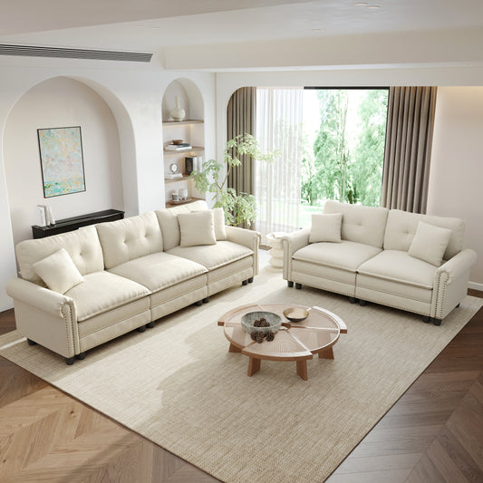 Sophia&William Sectional Sofa Set, Mid-Century Chenille Cloud Couch 5-Seat Nailhead Trim with 5 Pillows for Living Room, White