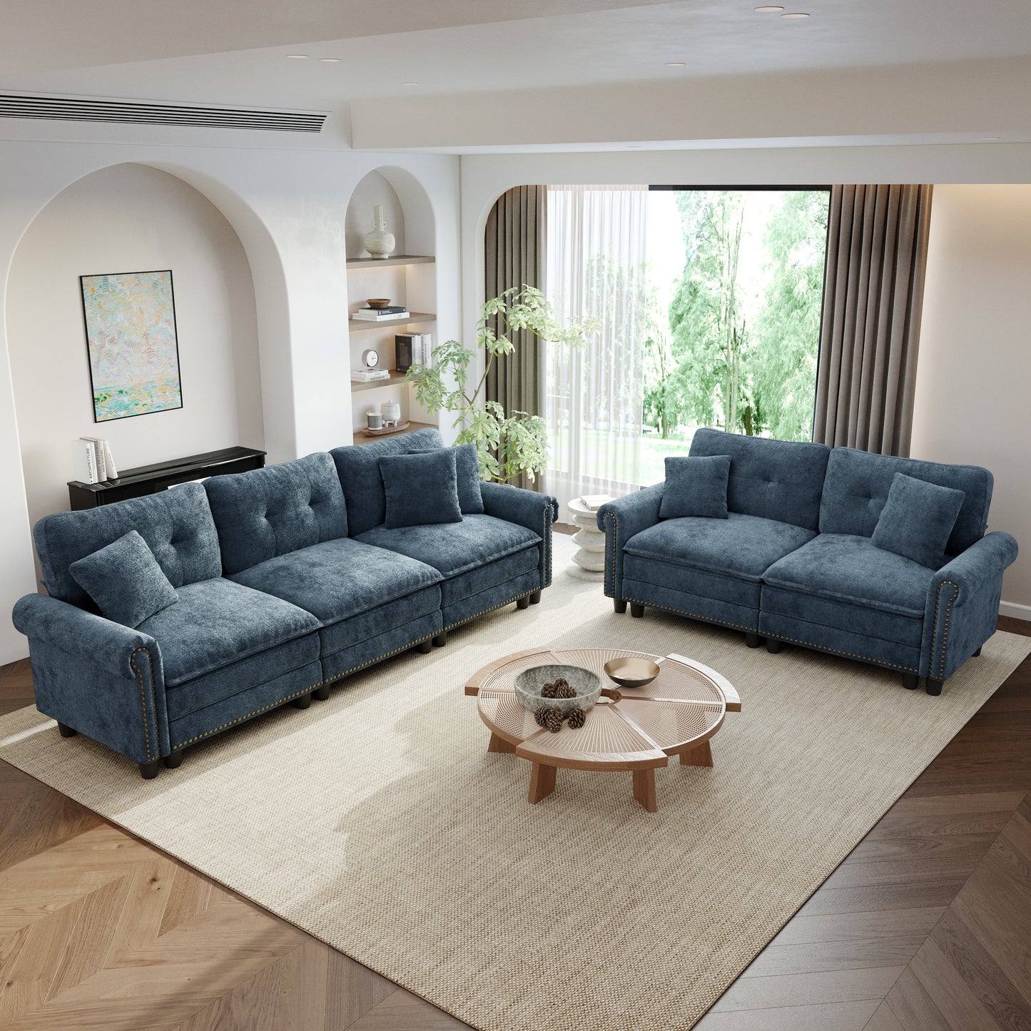 Sophia&William Modular Sectional Sofa Set, Mid-Century Chenille Cloud Couch 5-Seat Nailhead Trim with 5 Pillows for Living Room, Cyan