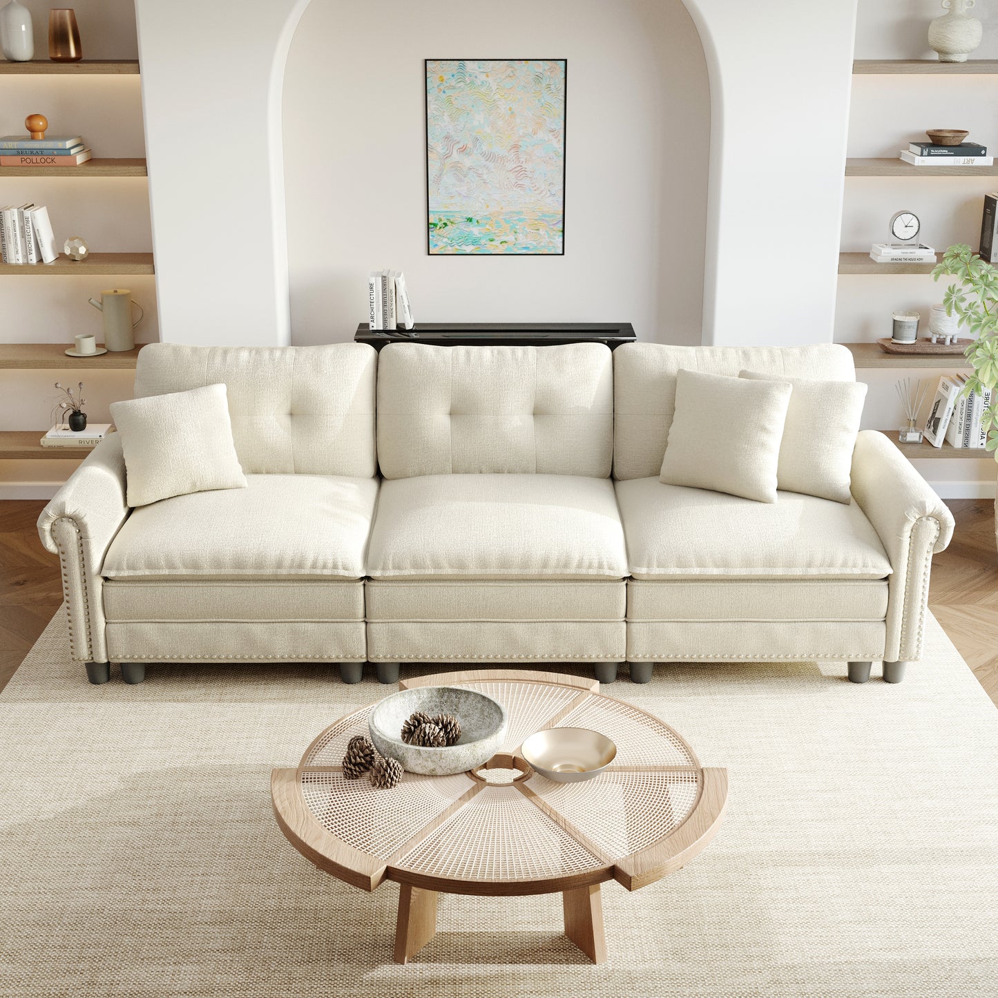 Sophia&William 3-Seat Sectional Sofa Set, Mid-Century Chenille Cloud Couch Modular Sofa with Nailhead Trim, 3 Pillows for Living Room Furniture Sets, White