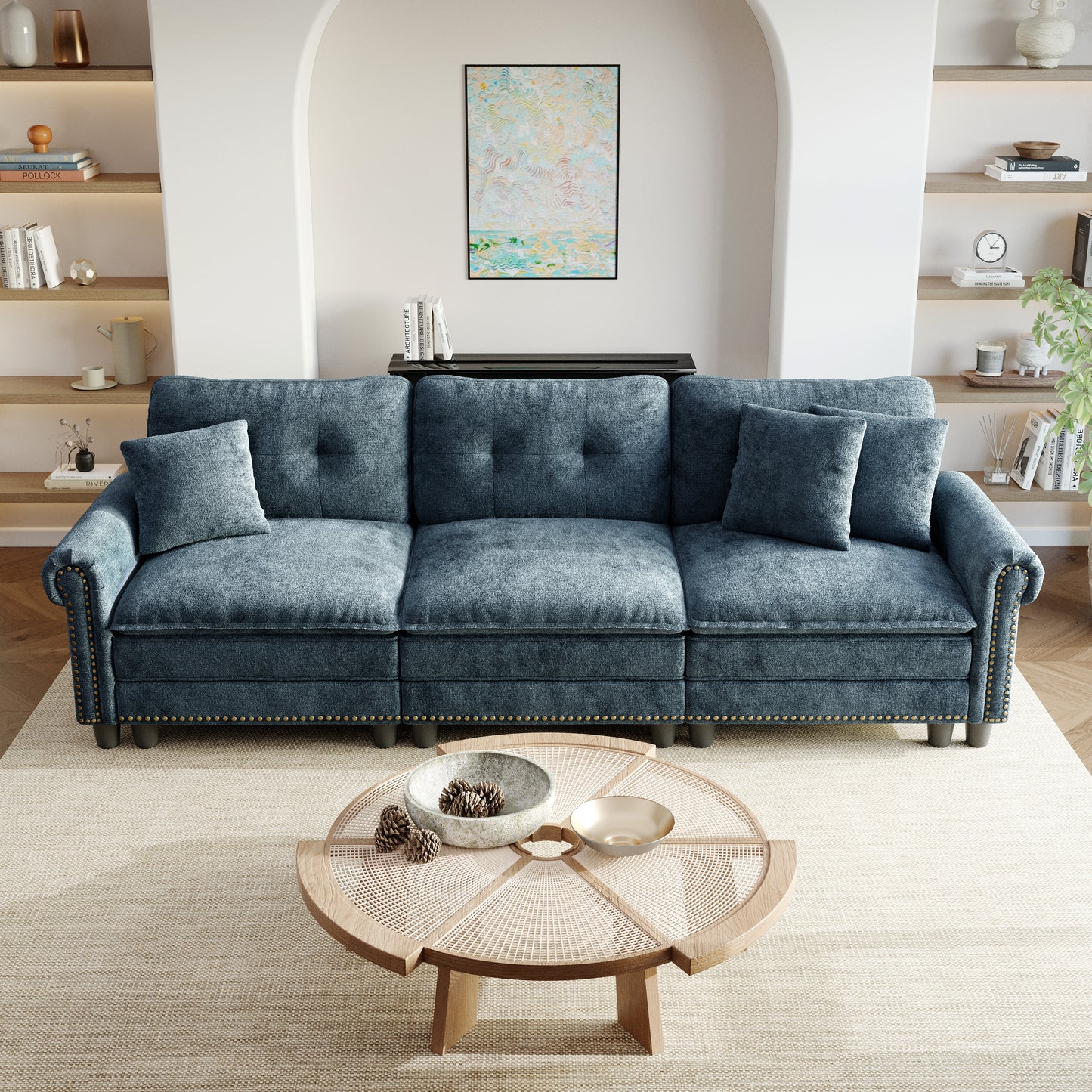 Sophia&William 3-Seat Sectional Sofa Set, Mid-Century Chenille Cloud Couch Modular Sofa with Nailhead Trim, 3 Pillows for Living Room Furniture Sets, Cyan