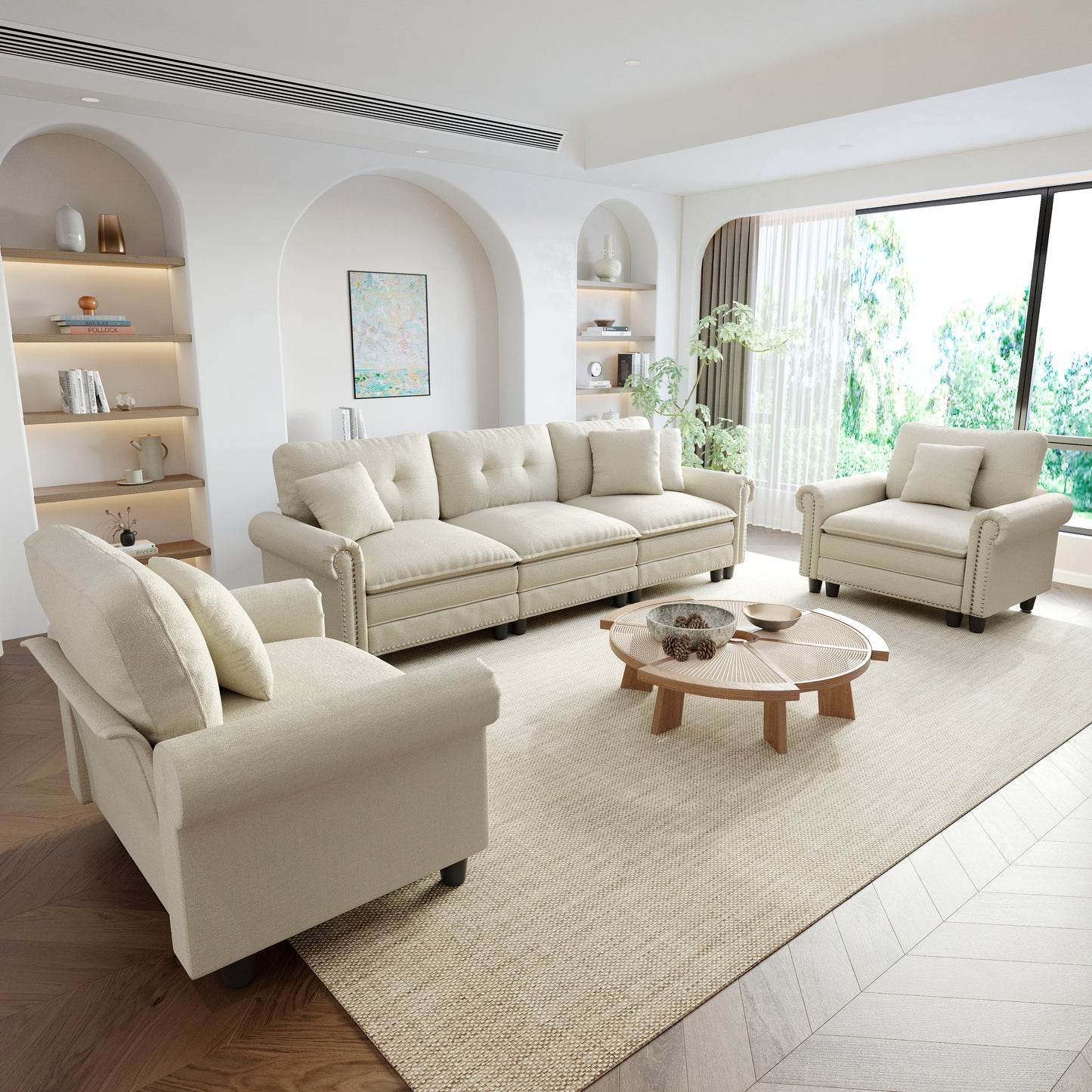 Sophia&William 5-Seat Sectional Sofa Set, Mid-Century Chenille Cloud Couch with Nailhead Trim, 5 Pillows for Living Room, White