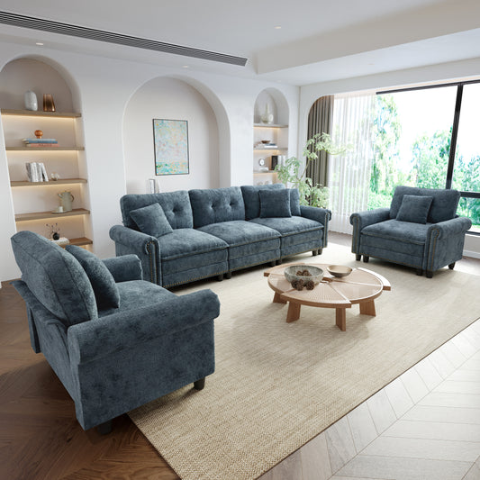 Sophia&William 5-Seat Modular Sectional Sofa Set, Mid-Century Chenille Cloud Couch Oversized Sofa with Nailhead Trim, 5 Pillows for Living Room, Cyan