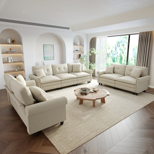 Sophia&William Sectional Sofa Set, Mid-Century Chenille Cloud Couch 7-Seat Nailhead Trim Modular Sofa with 7 Pillows for Living Room, White