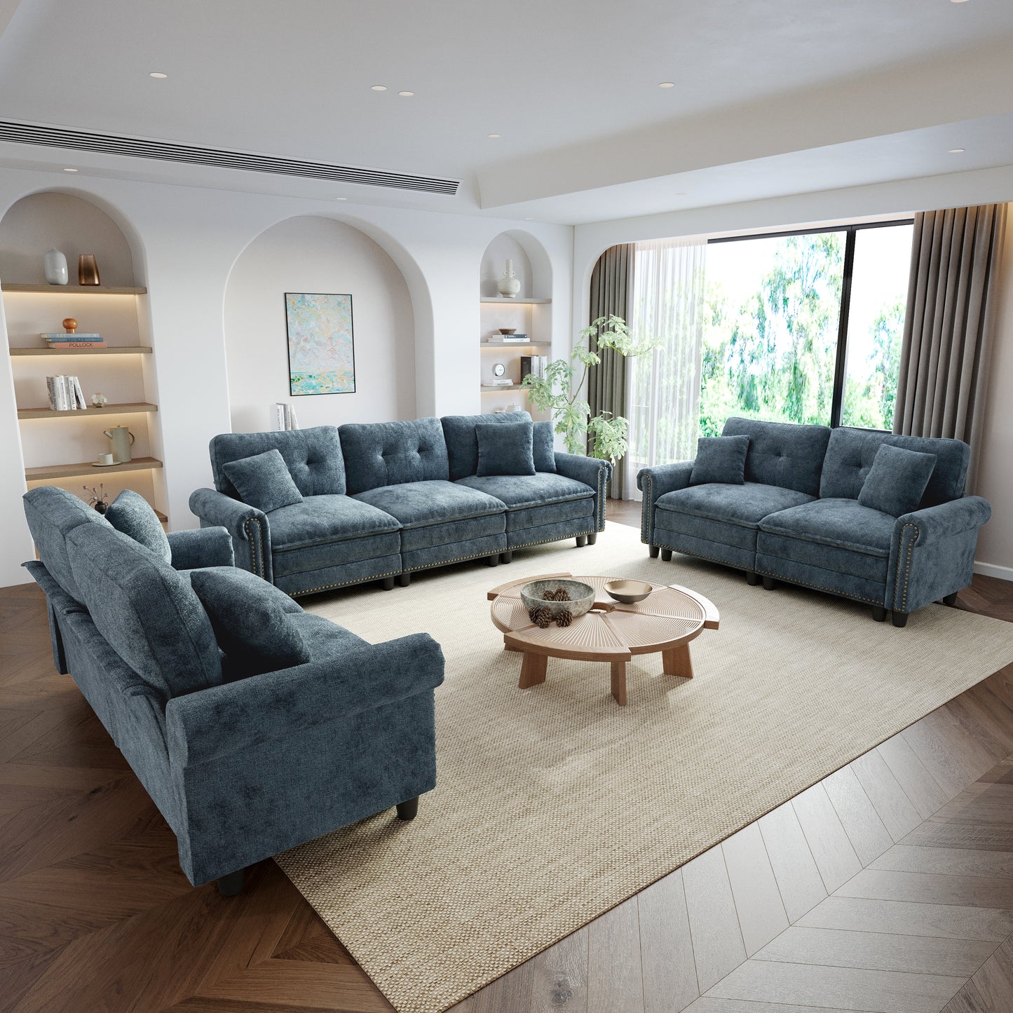 Sophia&William Modular Sectional Sofa Set, Mid-Century Chenille Cloud Couch 7-Seat Deap Seat Sofa with Nailhead Trim and 7 Throw Pillows for Living Room, Cyan