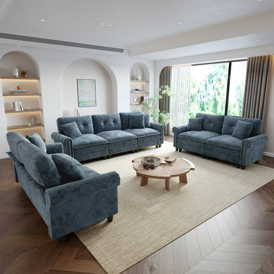 Sophia&William Modular Sectional Sofa Set, Mid-Century Chenille Cloud Couch 7-Seat Deap Seat Sofa with Nailhead Trim and 7 Throw Pillows for Living Room, Cyan