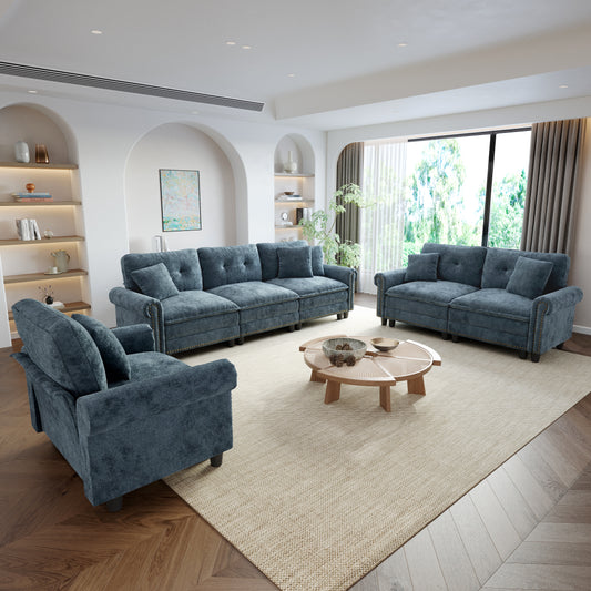 Sophia&William Modular Sectional Sofa Set, Mid-Century Chenille Cloud Couch 6-Seat Retro Nailhead Trim with 6 Throw Pillows for Living Room, Cyan