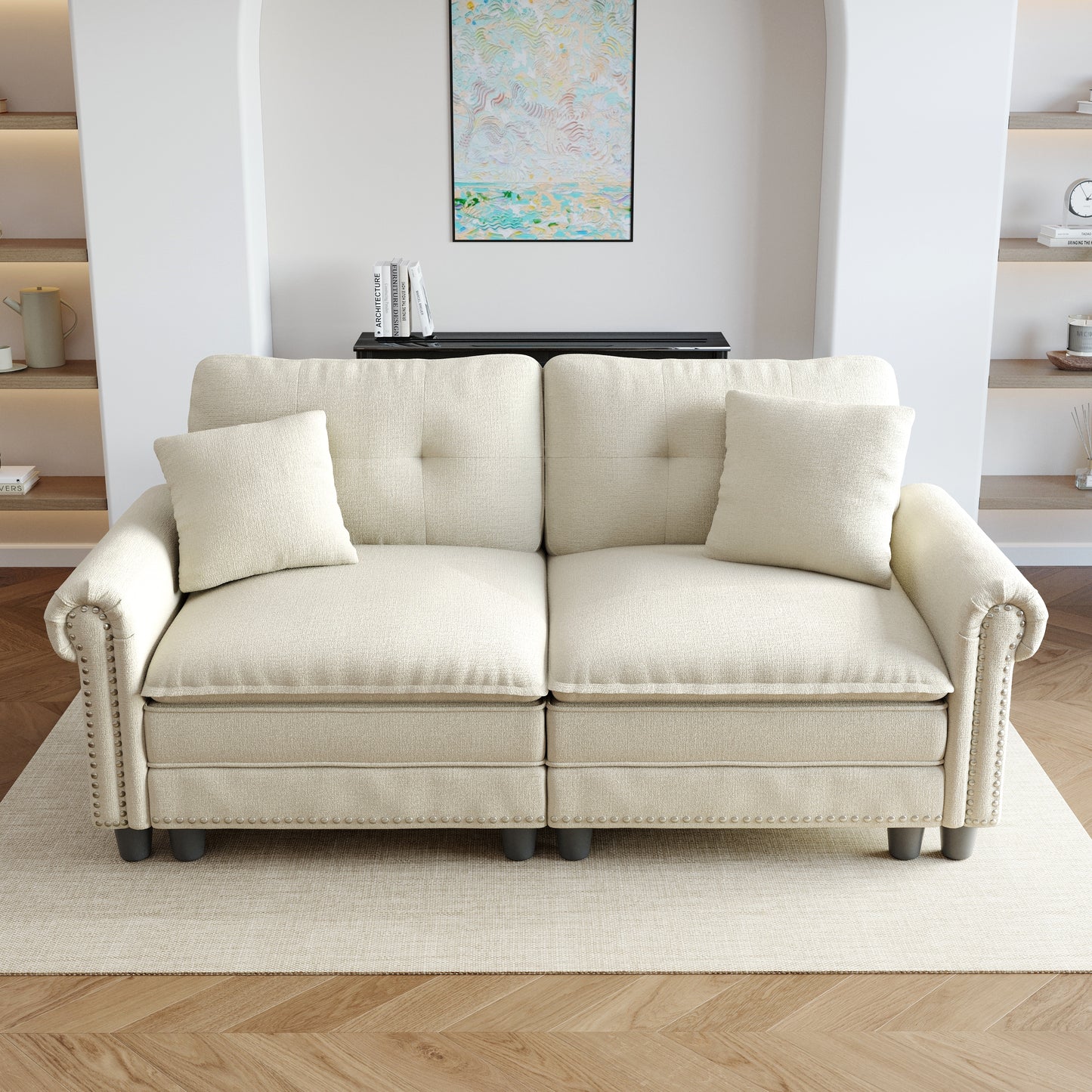 Sophia&William 2-Seat Sectional Sofa Set, Mid-Century Chenille Cloud Couch Retro Nailhead Trim Modular Sofa with 2 Pillows for Living Room, White