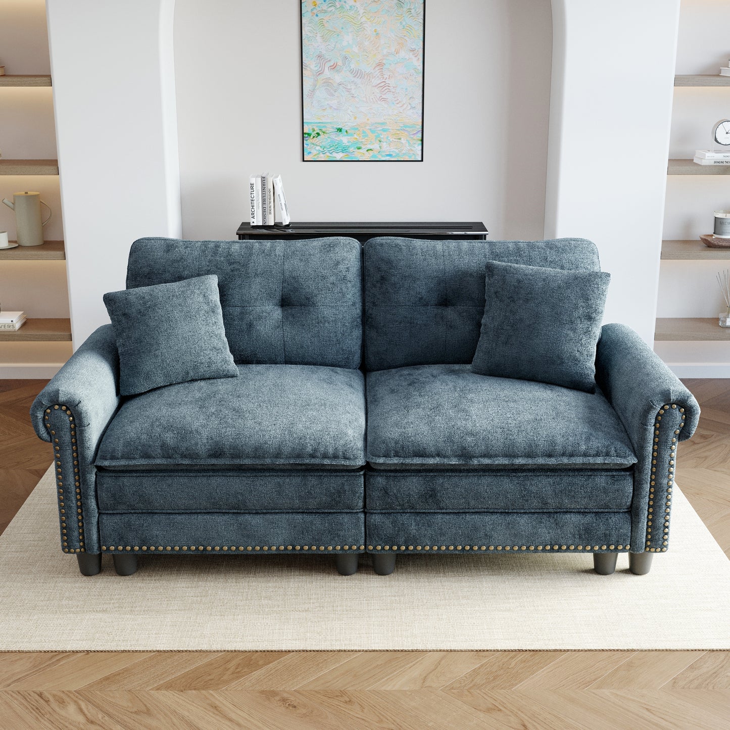Sophia&William 2-Seat Modular Sectional Sofa Set, Mid-Century Chenille Cloud Couch Oversized Sofa with Retro Nailhead Trim and 2 Throw Pillows for Living Room, Cyan