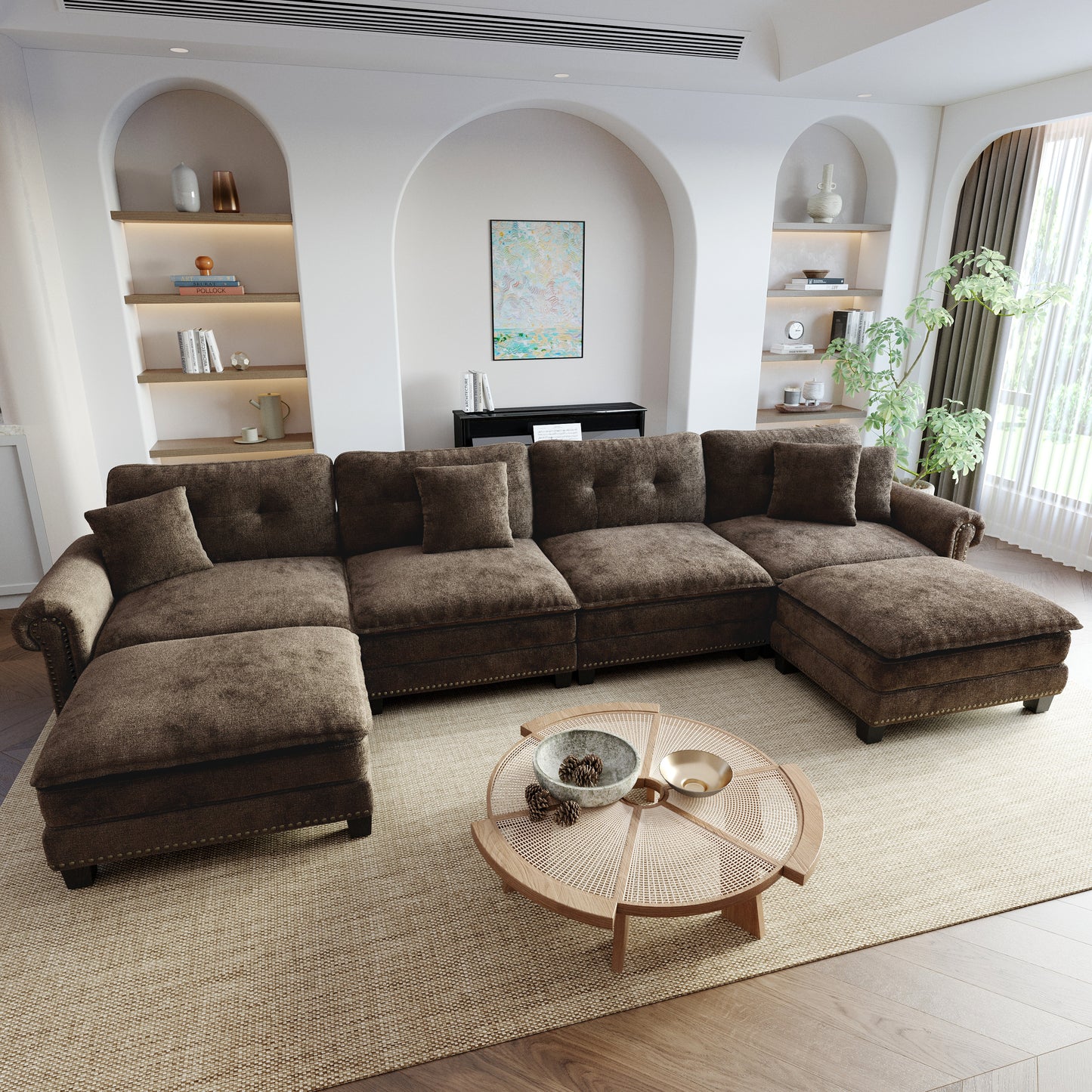 Sophia&William Modular Sectional Sofa Set, Modern Chenille Cloud Couch 6-Seat Retro Nailhead Trim with 4 Pillows for Living Room Furniture Sets, Brown