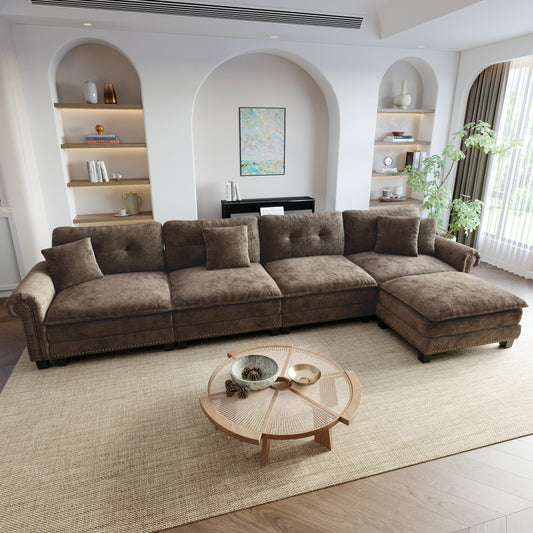 Sophia&William Modular Sectional Sofa Set, Modern Chenille Cloud Couch 5-Seat Retro Nailhead Trim with 4 Pillows for Living Room Furniture Sets, Brown