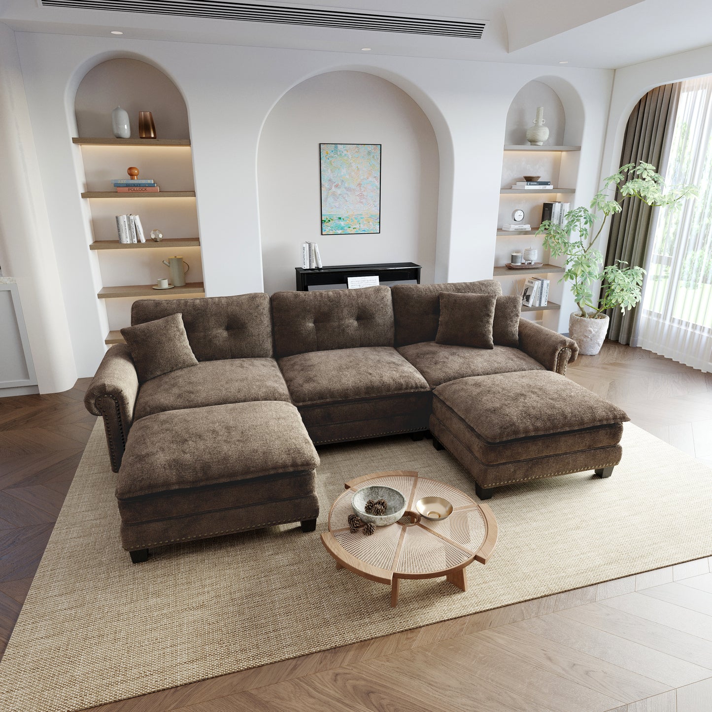 Sophia&William Modular Sectional Sofa Set, Modern Chenille Cloud Couch 5-Seat Nailhead Trim with 3 Pillows for Living Room Furniture Sets, Brown