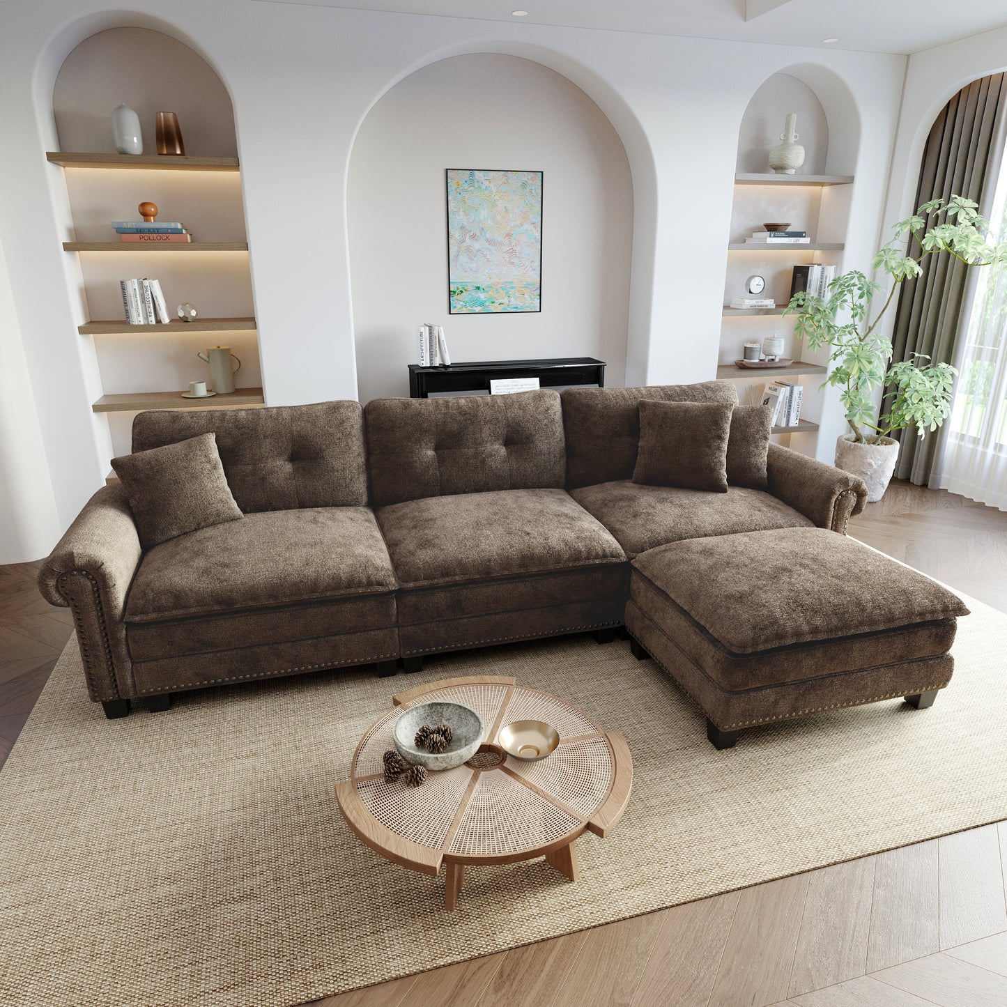 Sophia&William Modular Sectional Sofa Set, Modern Chenille Cloud Couch 4-Seat Retro Nailhead Trim with 3 Pillows for Living Room Furniture Sets, Brown