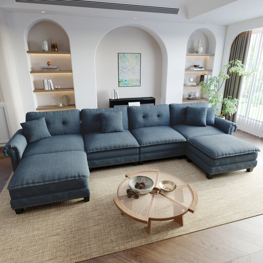 Sophia&William Modular Sectional Sofa Couch Set, U-shaped Linen Cloud Couch 6-Seat Retro Nailhead Trim Cloud Sofa Set with 4 Pillows for Living Room, Cyan