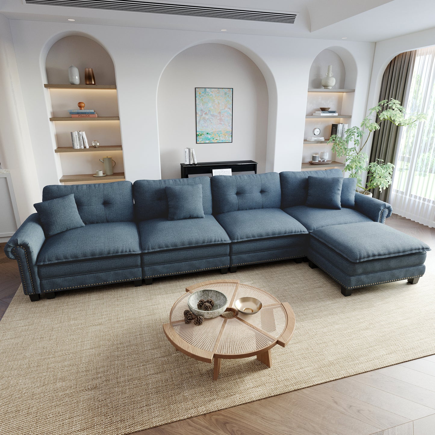 Sophia&William Modular Sectional Sofa Set, L-shaped Linen Cloud Couch 5-Seat Nailhead Trim Cloud Sofa Set with 4 Pillows for Living Room, Cyan