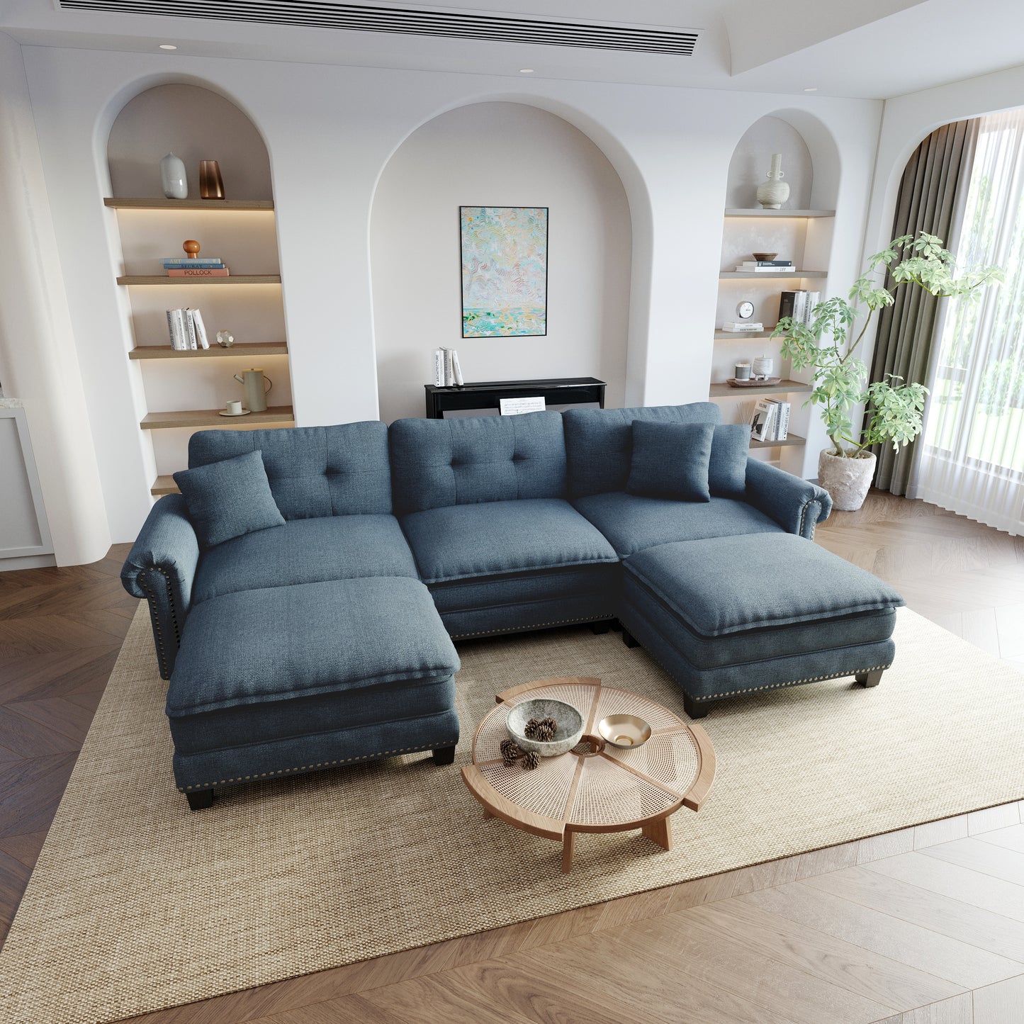 Sophia&William Modular Sectional Sofa Set, U-shaped Linen Cloud Couch 5-Seat Nailhead Trim Cloud Sofa Set with 3 Pillows for Living Room, Cyan