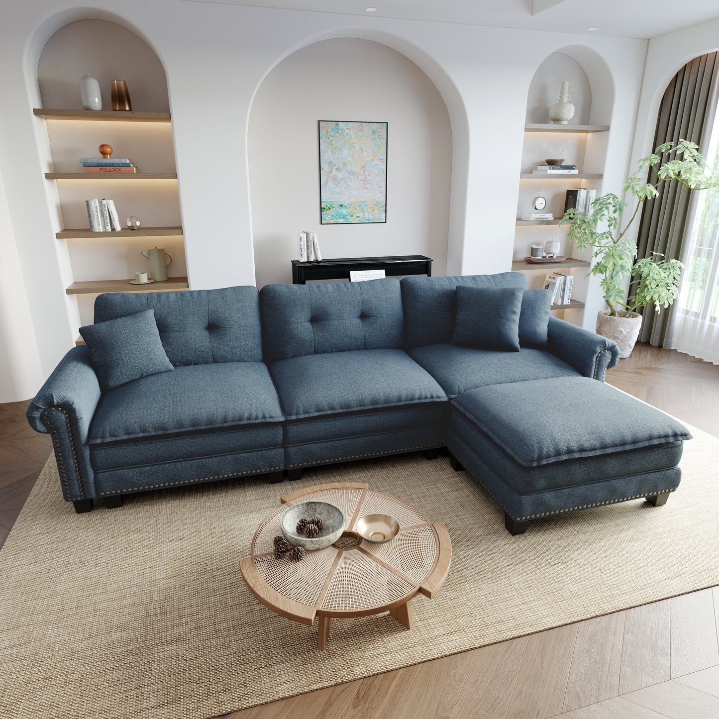Sophia&William Modular Sectional Sofa Set, L-shaped Oversized Linen Cloud Couch Set 4-Seat Retro Nailhead Trim Cloud Sofa Set with 3 Pillows for Living Room, Cyan