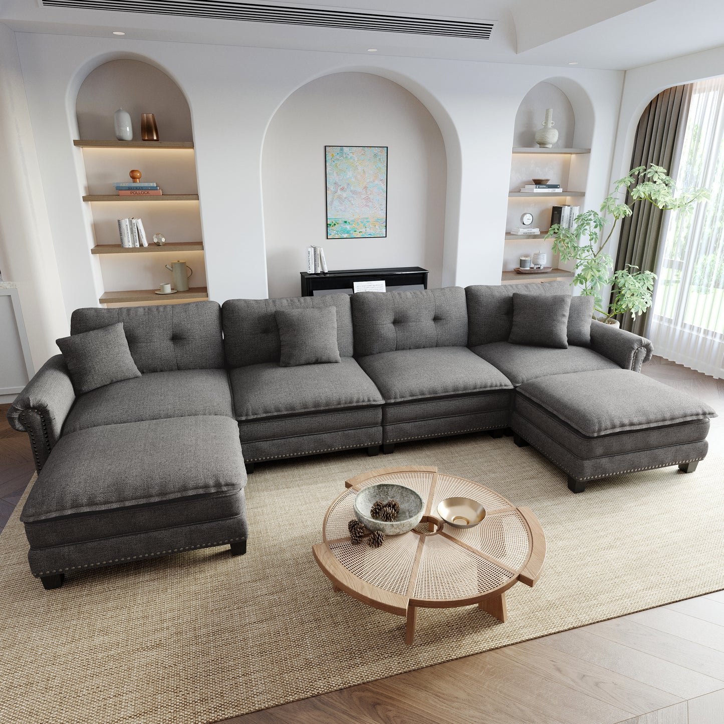 Sophia&William Modular Sectional Sofa Couch Set, U-shaped Linen Cloud Couch 6-Seat Retro Nailhead Trim Cloud Sofa Set with 4 Pillows for Living Room, Dark Gray