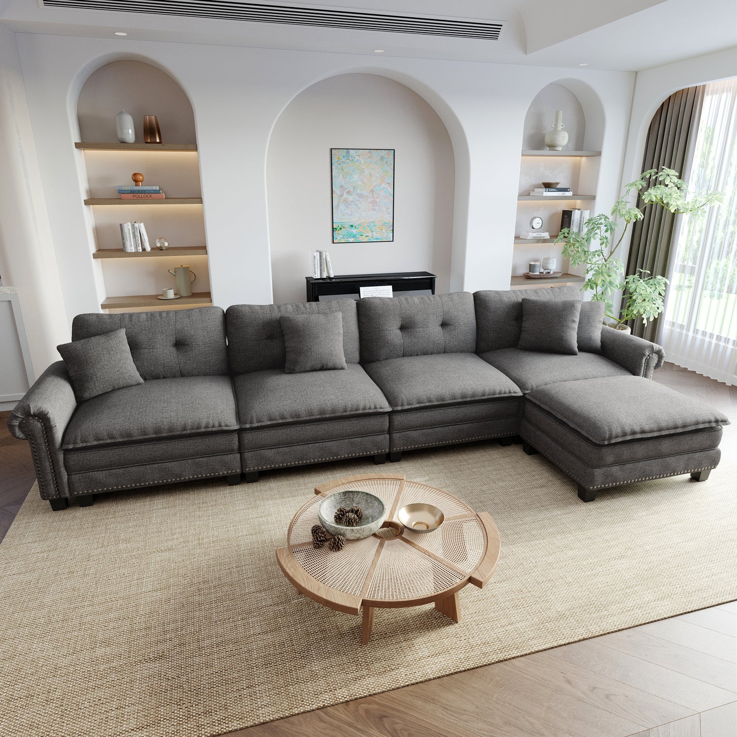 Sophia&William Modular Sectional Sofa Set, L-shaped Linen Cloud Couch 5-Seat Nailhead Trim Cloud Sofa Set with 4 Pillows for Living Room, Dark Gray