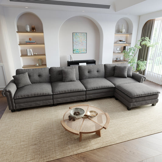 Sophia&William Modular Sectional Sofa Set, L-shaped Linen Cloud Couch 5-Seat Nailhead Trim Cloud Sofa Set with 4 Pillows for Living Room, Dark Gray