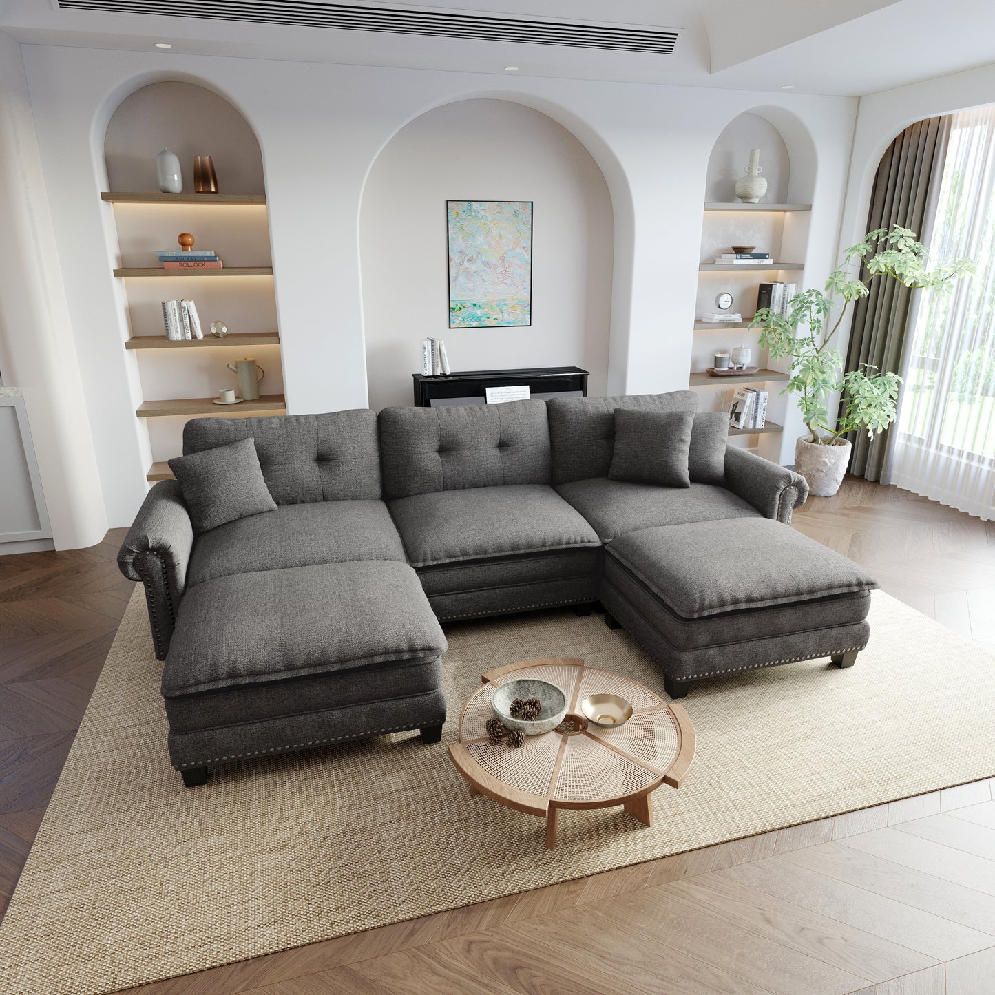 Sophia&William Modular Sectional Sofa Set, U-shaped Linen Cloud Couch 5-Seat Nailhead Trim Cloud Sofa Set with 3 Pillows for Living Room, Dark Gray