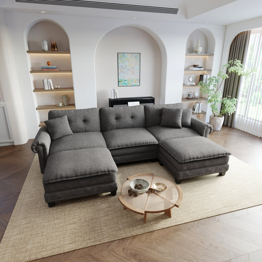 Sophia&William Modular Sectional Sofa Set, U-shaped Linen Cloud Couch 5-Seat Nailhead Trim Cloud Sofa Set with 3 Pillows for Living Room, Dark Gray