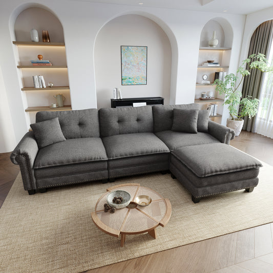 Sophia&William Modular Sectional Sofa Set, L-shaped Oversized Linen Cloud Couch Set 4-Seat Retro Nailhead Trim Cloud Sofa Set with 3 Pillows for Living Room, Dark Gray