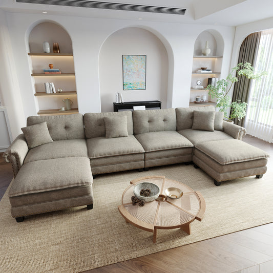 Sophia&William Sectional Sofa Couch Set, U-shaped Linen Cloud Couch 6-Seat Retro Nailhead Trim Modular Sofa with 4 Pillows for Living Room, Gray