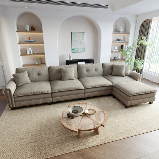 Sophia&William Sectional Sofa Couch Set, L-shaped Linen Cloud Couch 5-Seat Nailhead Trim Modular Sofa with 4 Pillows for Living Room, Gray