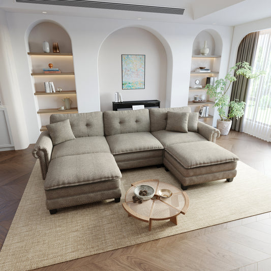 Sophia&William Sectional Sofa Couch Set, U-shaped Linen Cloud Couch 5-Seat Nailhead Trim Modular Sofa with 3 Pillows for Living Room, Gray