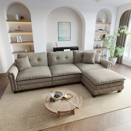 Sophia&William Sectional Sofa Couch Set, L-shaped Linen Cloud Couch 4-Seat Retro Nailhead Trim Modular Sofa with 3 Pillows for Living Room, Gray