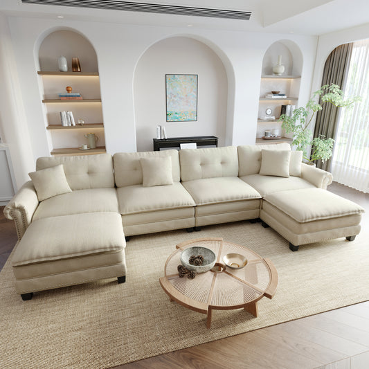 Sophia&William Modular Sectional Sofa Couch Set, U-shaped Linen Cloud Couch 6-Seat Retro Nailhead Trim Cloud Sofa Set with 4 Pillows for Living Room, White