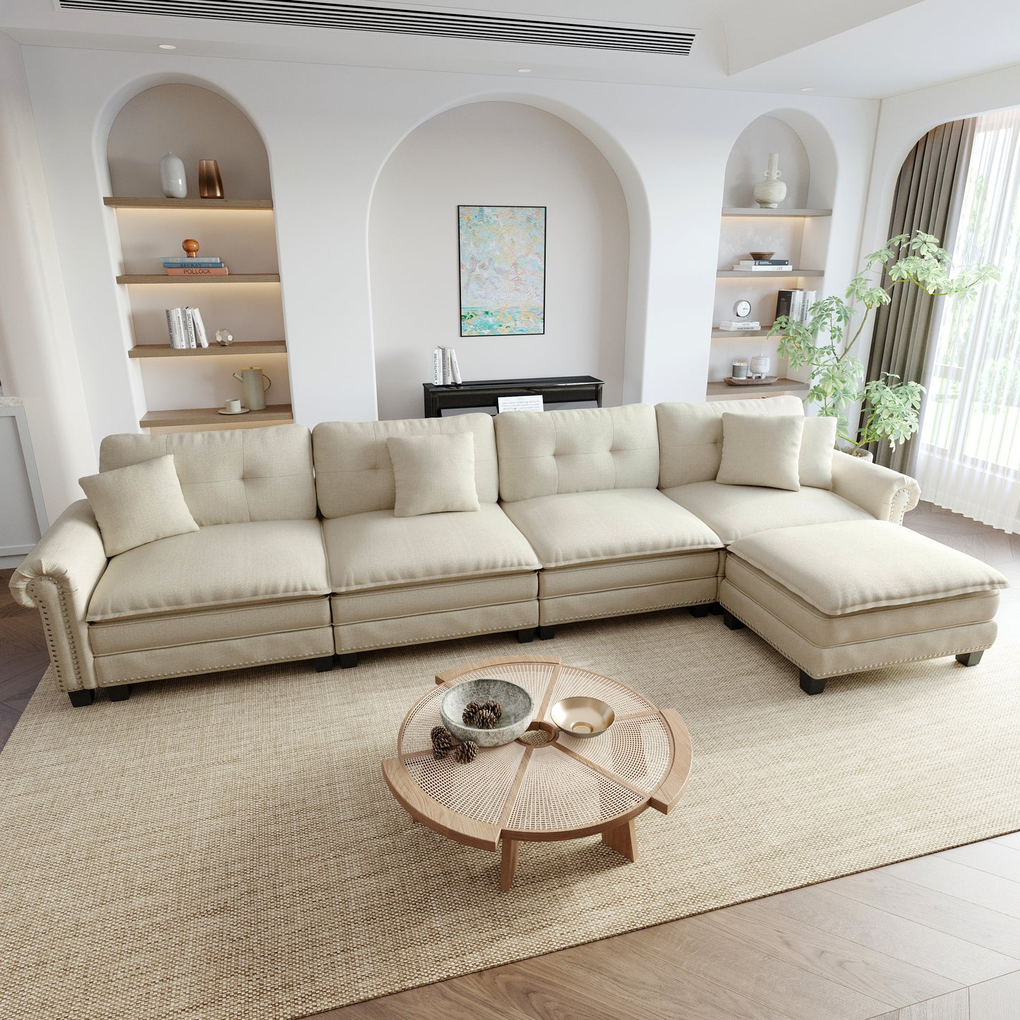 Sophia&William Modular Sectional Sofa Set, L-shaped Linen Cloud Couch 5-Seat Nailhead Trim Cloud Sofa Set with 4 Pillows for Living Room, White