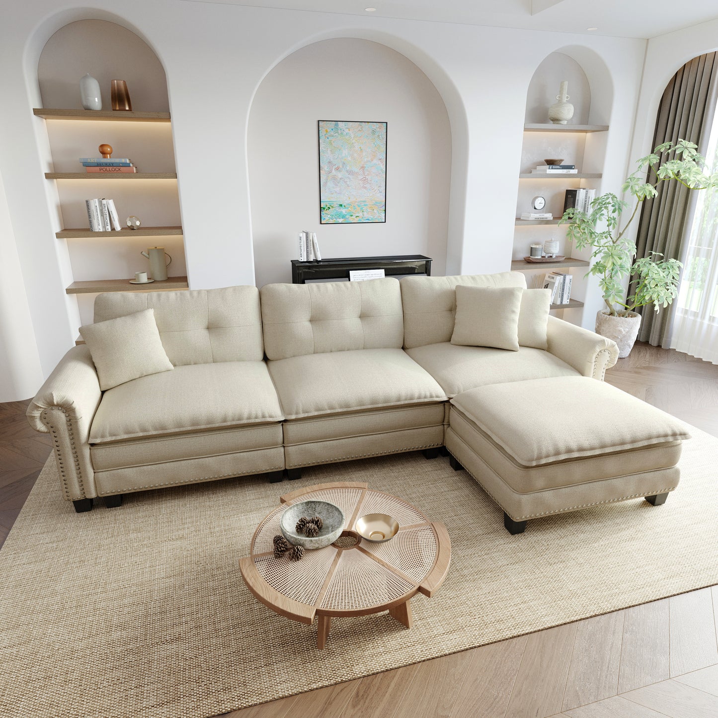 Sophia&William Modular Sectional Sofa Set, L-shaped Oversized Linen Cloud Couch Set 4-Seat Retro Nailhead Trim Cloud Sofa Set with 3 Pillows for Living Room, White