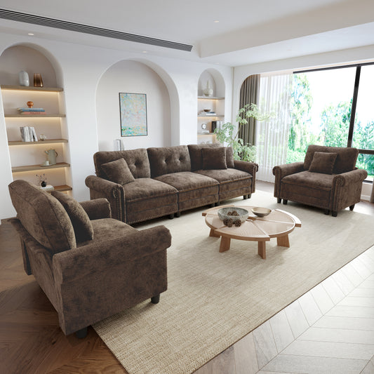 Sophia&William 5-Seat Modular Sectional Sofa Set, Mid-Century Chenille Cloud Couch Oversized Sofa with Nailhead Trim, 5 Pillows for Living Room, Taupe