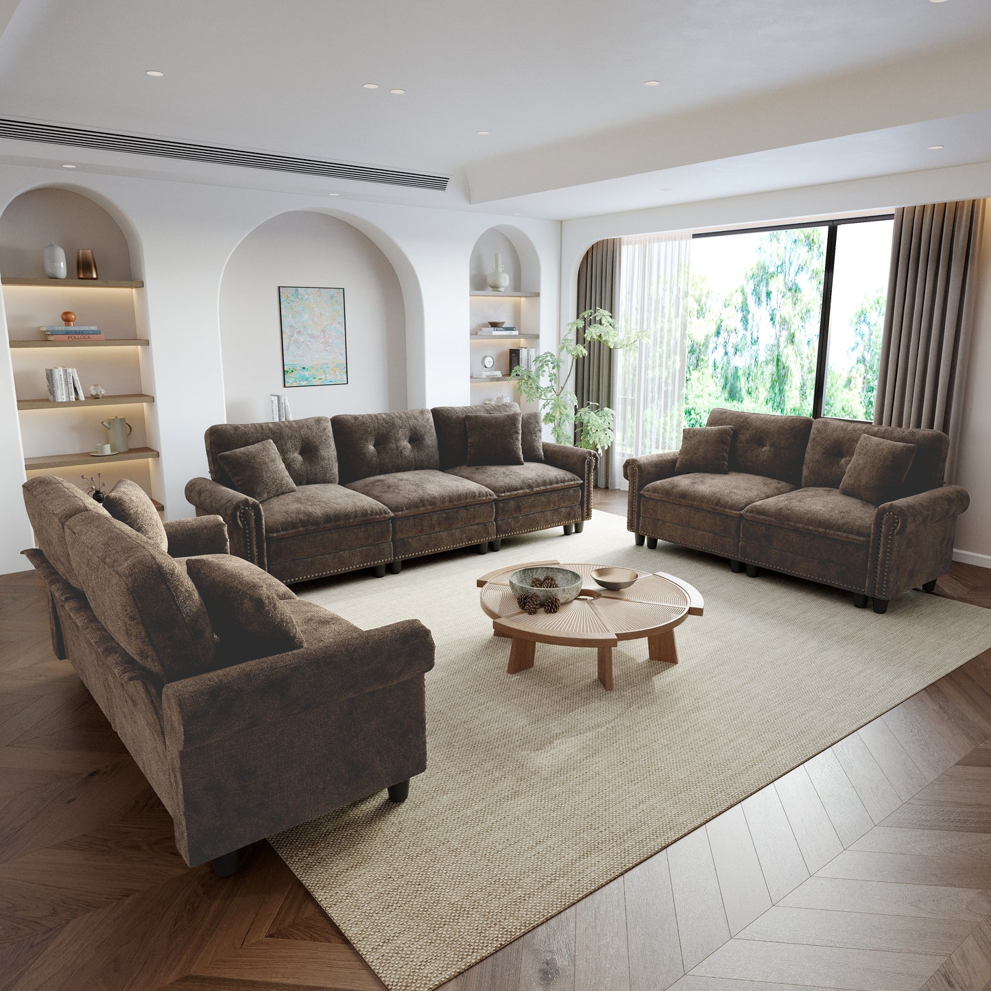 Sophia&William Modular Sectional Sofa Set, Mid-Century Chenille Cloud Couch 7-Seat Deap Seat Sofa with Nailhead Trim and 7 Throw Pillows for Living Room, Taupe
