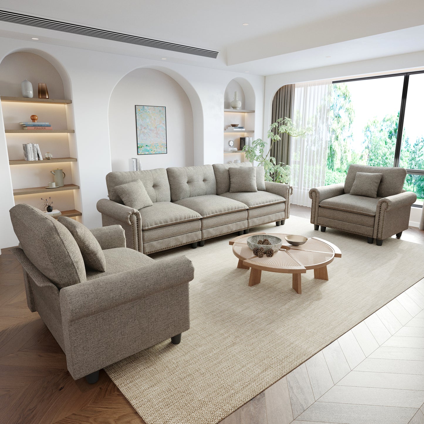 Sophia&William 5-Seat Large Sectional Sofa Set, Mid-Century Linen Cloud Couch with Nailhead Trim, 5 Pillows for Living Room, Light Gray