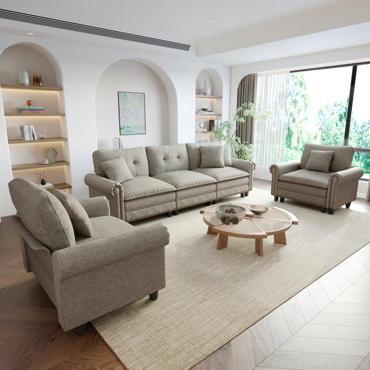 Sophia&William 5-Seat Large Sectional Sofa Set, Mid-Century Linen Cloud Couch with Nailhead Trim, 5 Pillows for Living Room, Light Gray