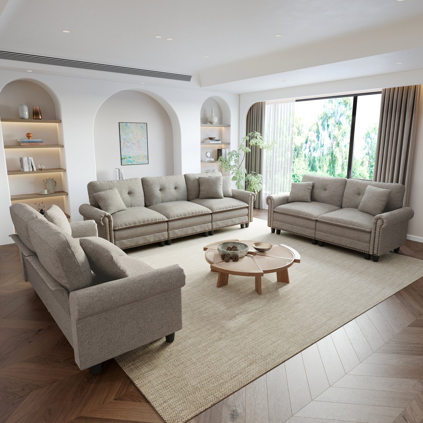 Sophia&William Large Sectional Sofa Set, Mid-Century Linen Cloud Couch 7-Seat Nailhead Trim Modular Sofa with 7 Pillows for Living Room, Light Gray
