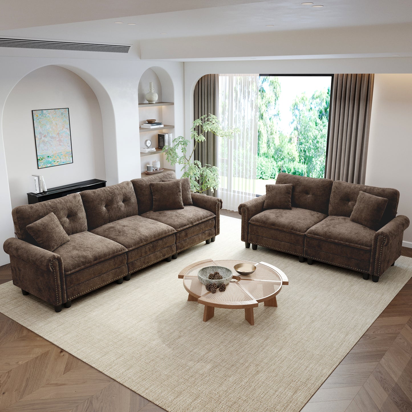 Sophia&William Modular Sectional Sofa Set, Mid-Century Chenille Cloud Couch 5-Seat Nailhead Trim with 5 Pillows for Living Room, Taupe