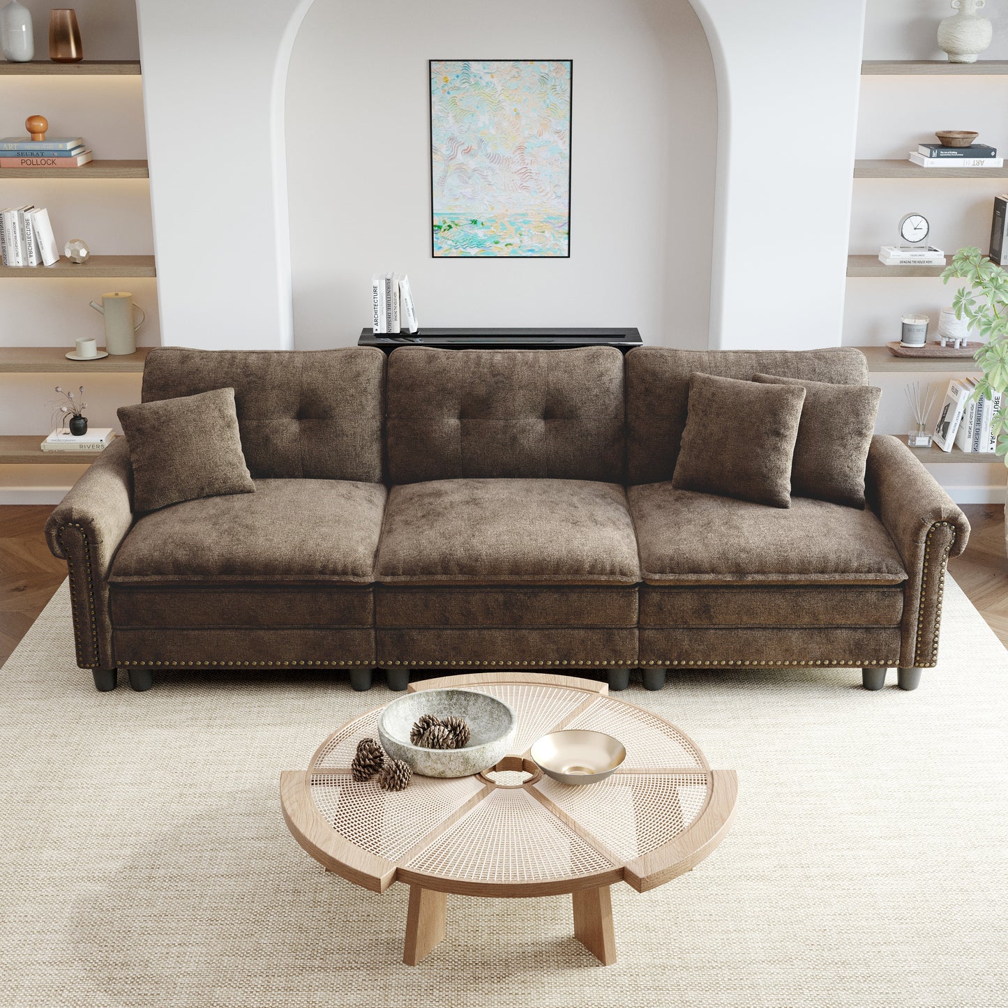 Sophia&William 3-Seat Sectional Sofa Set, Mid-Century Chenille Cloud Couch Modular Sofa with Nailhead Trim, 3 Pillows for Living Room Furniture Sets, Taupe