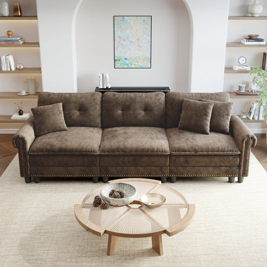 Sophia&William 3-Seat Sectional Sofa Set, Mid-Century Chenille Cloud Couch Modular Sofa with Nailhead Trim, 3 Pillows for Living Room Furniture Sets, Taupe