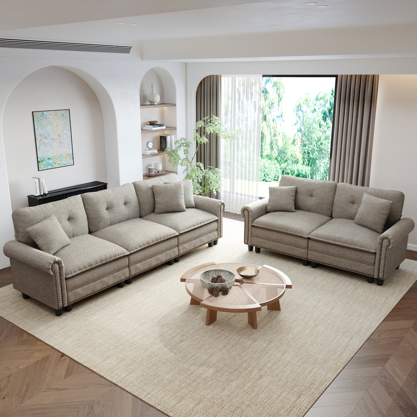 Sophia&William Sectional Sofa Set, Mid-Century Linen Cloud Couch 5-Seat Nailhead Trim Modular Sofa with 5 Pillows for Living Room, Light Gray