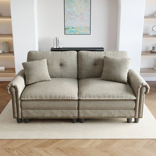 Sophia&William 2-Seat Sectional Sofa Set, Mid-Century Linen Cloud Couch Retro Nailhead Trim Modular Sofa with 2 Pillows for Living Room, Light Gray