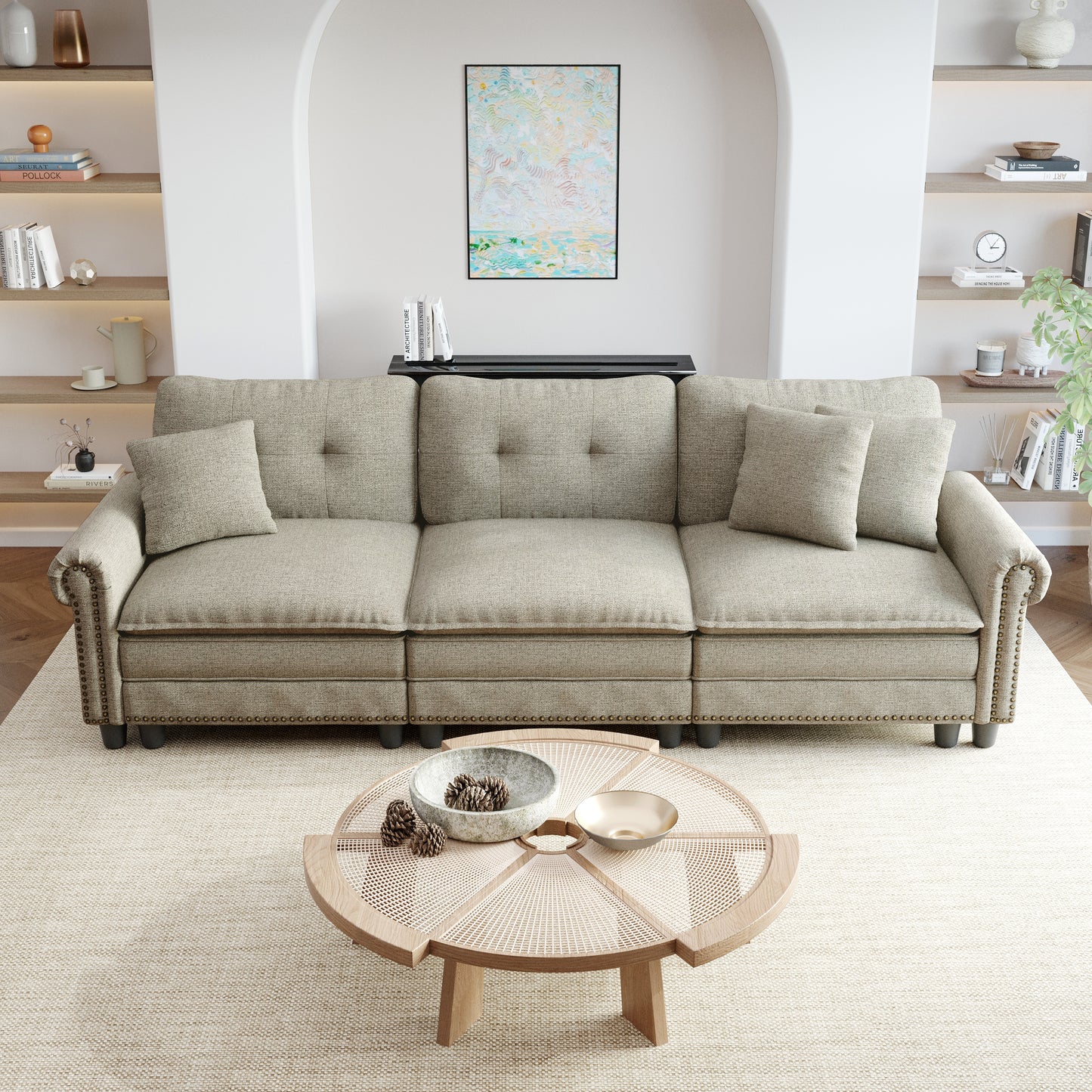 Sophia&William 3-Seat Sectional Sofa Set, Mid-Century Linen Cloud Couch Modular Sofa with Nailhead Trim, 3 Pillows for Living Room Furniture Sets, Light Gray