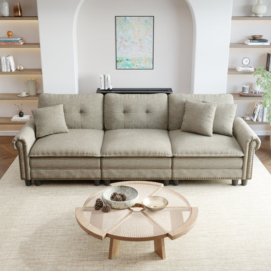Sophia&William 3-Seat Sectional Sofa Set, Mid-Century Linen Cloud Couch Modular Sofa with Nailhead Trim, 3 Pillows for Living Room Furniture Sets, Light Gray