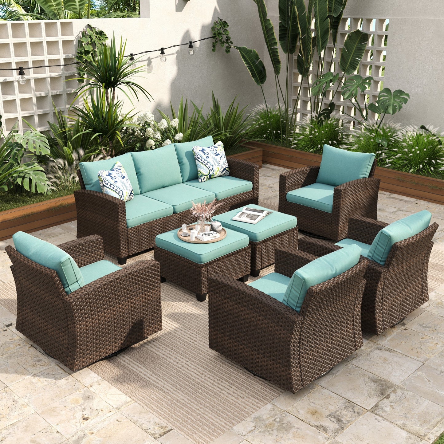 Sophia & William 7 Pieces Wicker Patio Furniture Set with 4 Swivel Chairs 9-Seat Outdoor Conversation Set, Blue