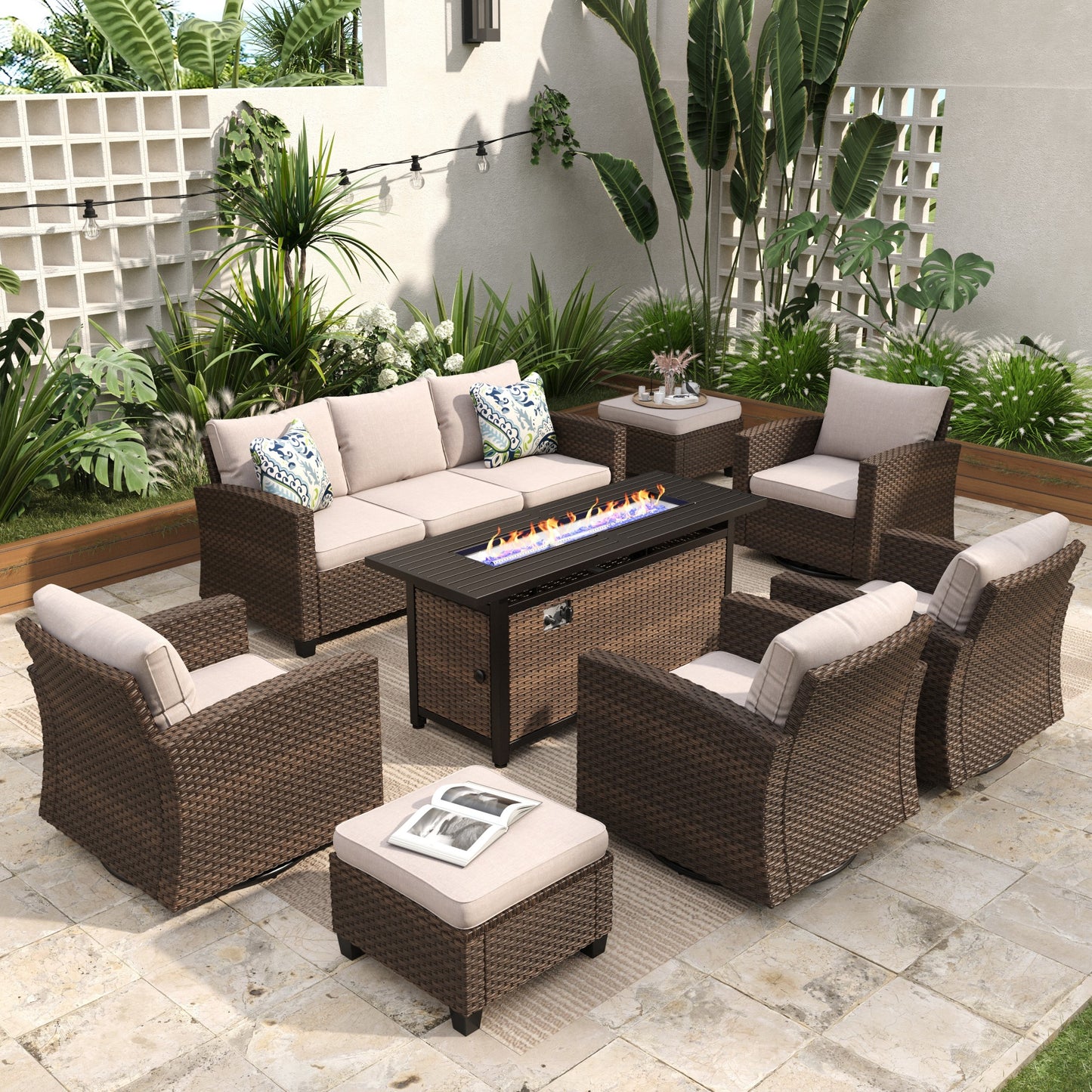 Sophia & William 8 Pieces Patio Furniture Set with 4 Swivel Chairs and 56¡± Fire Pit Table, Beige